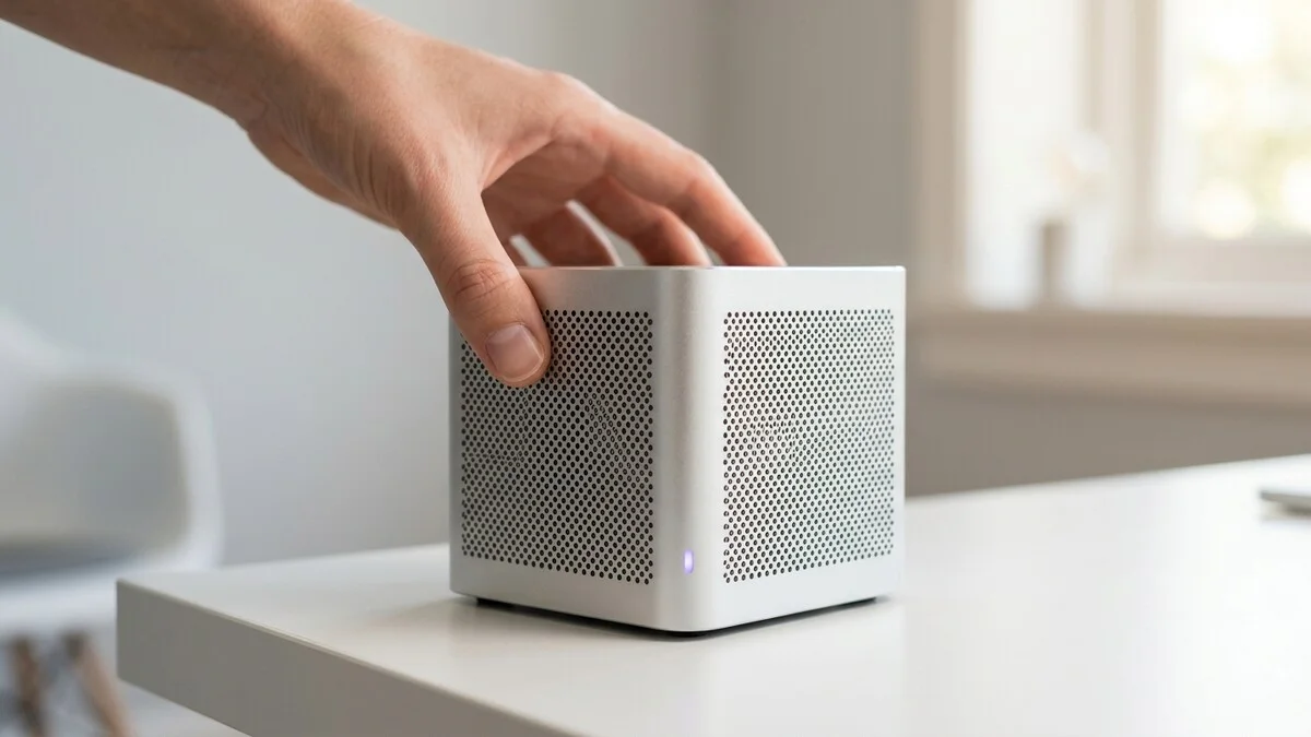 Würfelförmiger Mini-PC aus Aluminium mit perforiertem Gehäuse auf einem hellen Schreibtisch