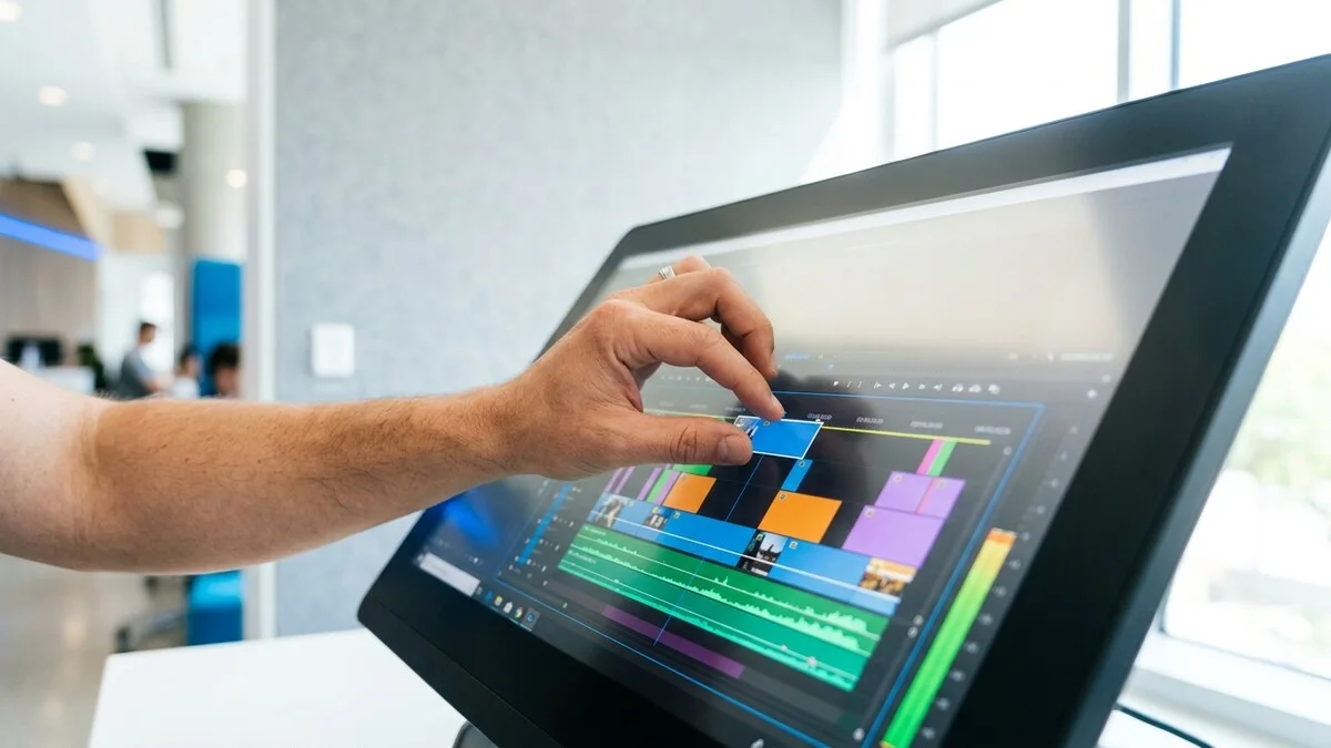 Nahaufnahme einer Hand die auf einem großen Touchscreen eine Video-Timeline bearbeitet in einem hellen Büro