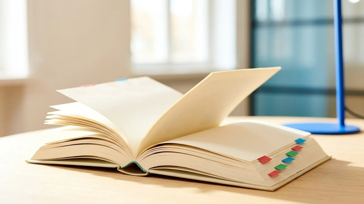 Aufgeschlagenes Buch in warmem Licht auf hellem Untergrund, Nahaufnahme der Seiten