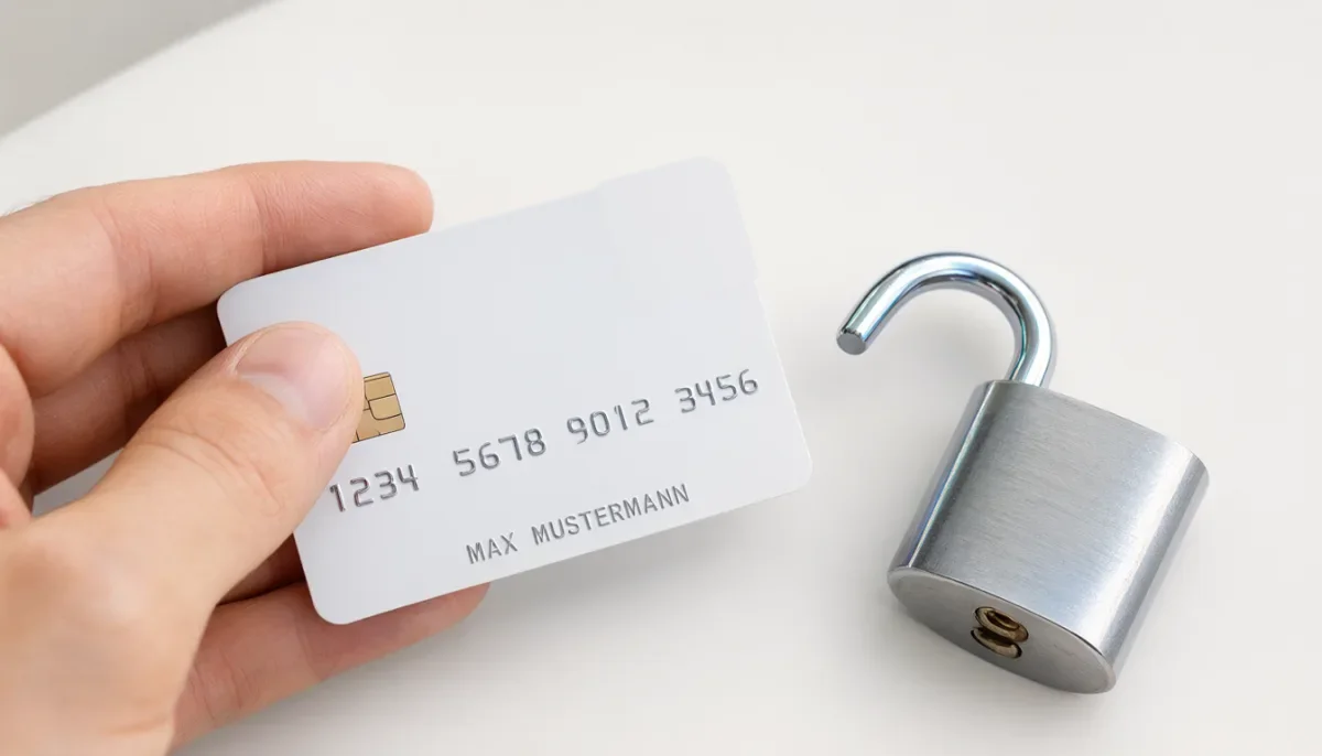 Hand hält eine Bankkarte mit Platzhalter-Namen neben einem geöffneten Vorhängeschloss aus Stahl
