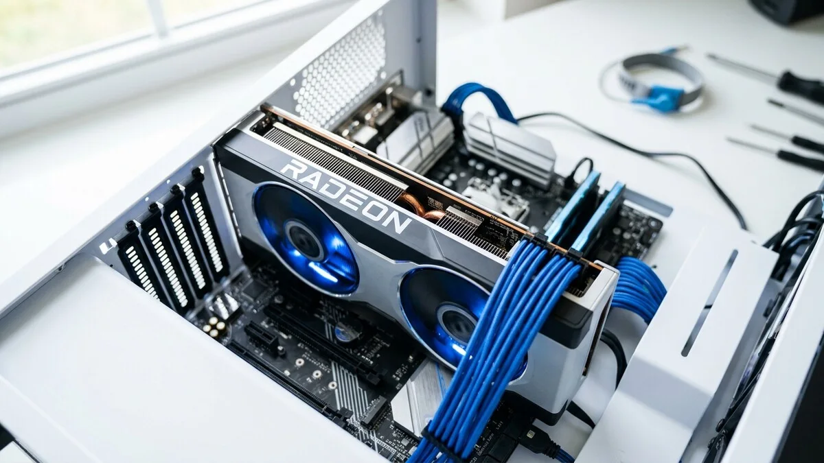 Nahaufnahme einer AMD-Grafikkarte mit blau leuchtenden Lüftern in einem offenen PC-Gehäuse