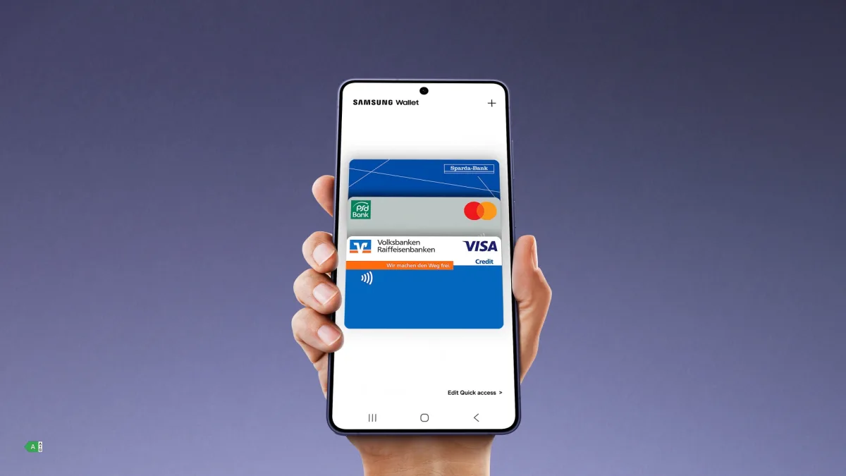 Samsung Galaxy Smartphone mit Samsung Wallet und Karten von Volksbanken, Sparda-Bank und PSD Bank